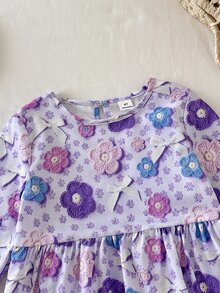 SHEIN Girls Long Sleeve Ditsy Floral Dress Spring Autumn Style 3D Colorful Flower Bow Princess Cake Dress - Purple - View 8