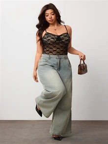 Enliva Plus Size Sheer Lace Cami Bodysuit With Lined Bust For Hourglass Body - Black - View 4