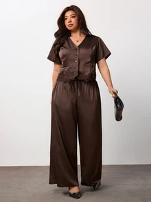 Enliva Plus Size V Neck Button Front Lace Trim Top And Wide Leg Pants Set - Coffee Brown - View 6