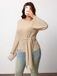 Enliva Plus Size Elegant Apricot Waist-Defining Tie-Waist Knit Top For Women Apple,Rounded Body - Apricot - View 1