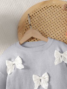 SHEIN Tween Girl 女童針織衫套裝 彩色蝴蝶結圓領落肩長袖套頭毛衣 + 成套百褶裙 秋冬套裝 - 灰色 - 查看 6