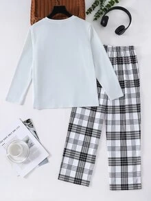SHEIN 青少年男孩豹紋長袖上衣與格紋長褲居家休閒套裝 - 彩色 - 查看 2