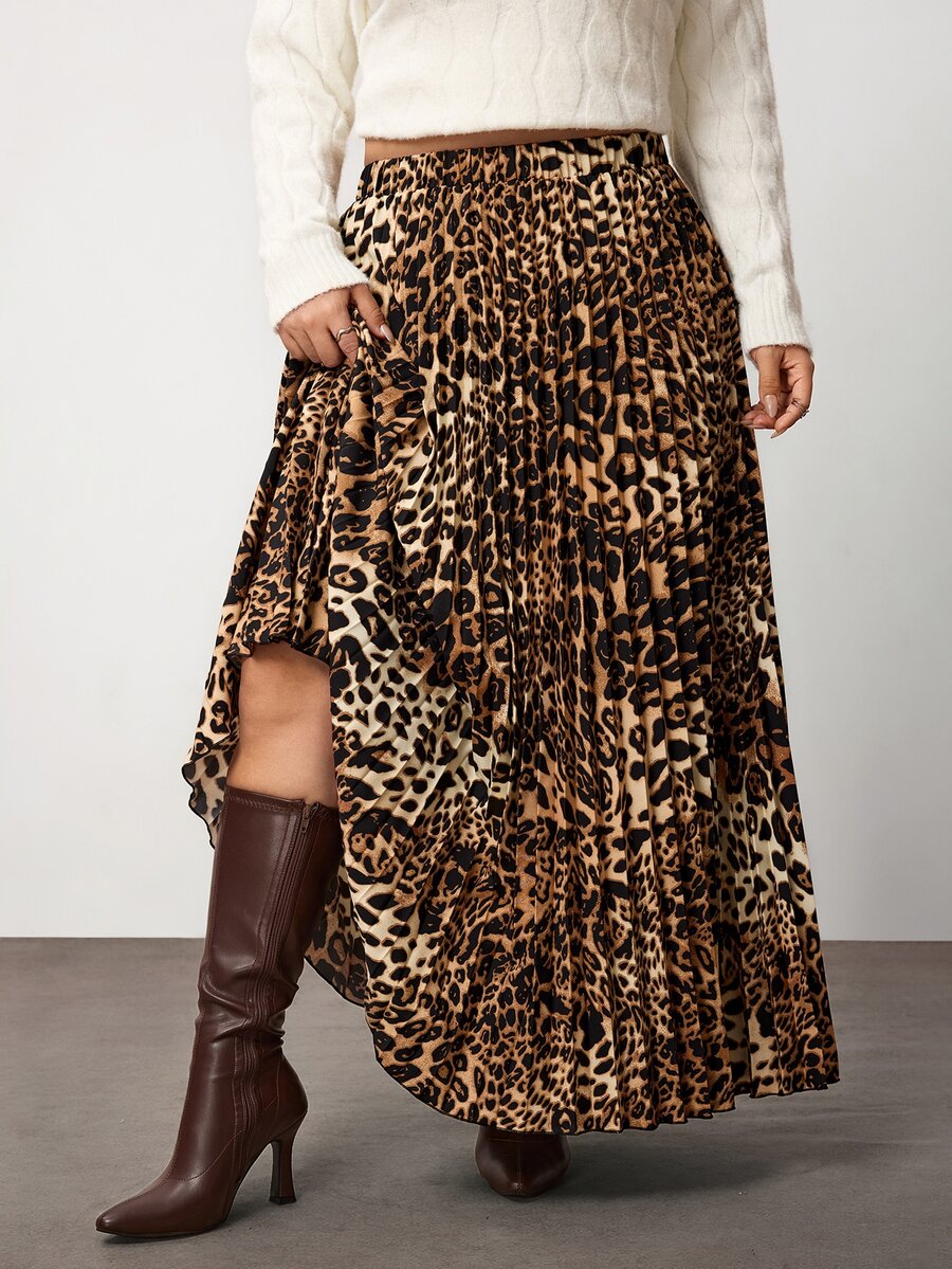 Enliva Plus-Size Women's Retro Brown Leopard Print Pleated Midi Skirt Apple,Rounded Body - Multicolor - View 1