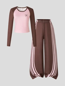 SHEIN Teen Girls Fall Outfits Fall Tops 2pcs/Set Striped Brown Comfortable Casual Fashion Sports Crew Neck Short Long Sleeve T-Shirt + Loos... - Multicolor - View 2