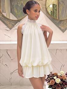 Tween Girl Tween Girl Apricot Patchwork Lace Trim Stand Collar Halter Neck Tie Mini Dress - Apricot - View 1