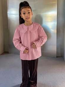 DAZY Tween女孩秋季服飾 蕾絲娃娃臉泡泡袖長袖甜美襯衫 - 粉色 - 查看 4