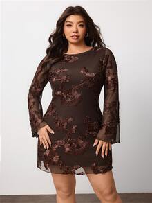 Enliva Plus Size Brown Floral Bodycon Mini Dress With Open Back For Hourglass Body - Brown - View 5