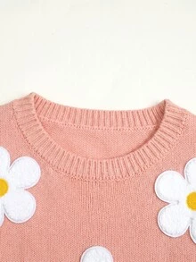 SHEIN Tween女孩休閒時尚百搭可愛花卉裝飾寬鬆舒適圓領套頭秋冬毛衣 - 粉色 - 查看 4