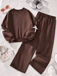 SHEIN 青少年女孩抓絨秋季套裝 2件/套圓領運動衫套裝，綠色與粉色，秋季，可愛，校園，假日穿搭 - 棕色 - 查看 2