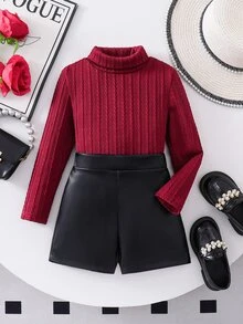 Young Girl Young Girl Kids Knit Solid Color Stand Collar Casual T-Shirt And PU Leather Autumn Skirt 2 Pieces Set - Red - View 3