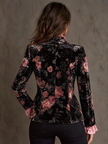Solivie Women's Autumn/Winter New Printed Velvet Blazer, Black - Black - View 2