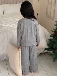 Dazy Kids 女童寬鬆版型圓領落肩長袖休閒舒適居家服 - 灰色 - 查看 2