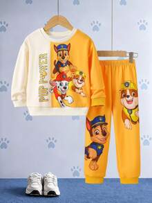 SHEIN | PAW Patrol 男嬰 2 件組卡通圖案印花拼色圓領長袖運動衫與運動長褲套裝 - 彩色 - 查看 5