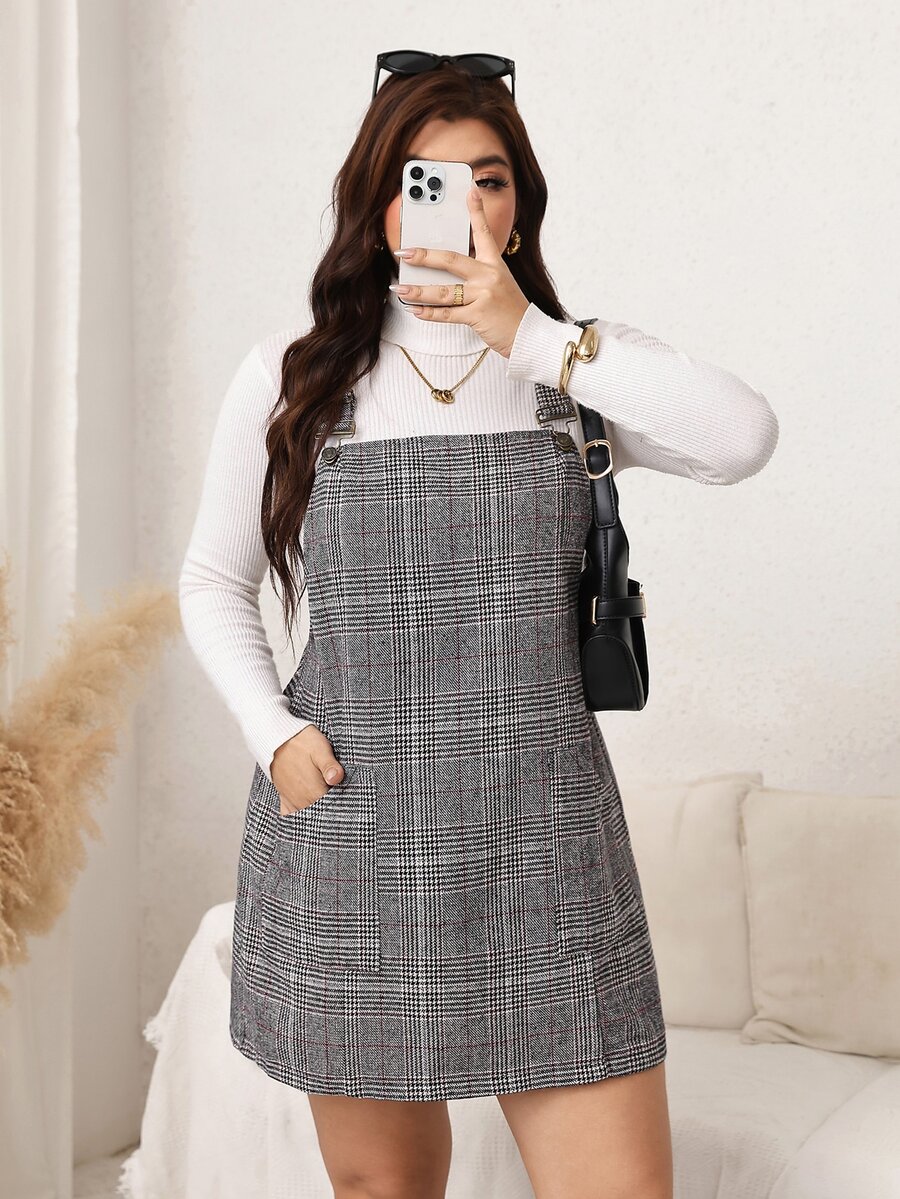 Easowa Curve Plus Size Elegant Plaid Pocket Dress, Preppy Style - Coffee Brown - View 1