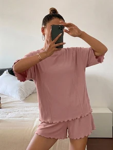 DAZY 女款純色圓領落肩T恤短褲睡衣套裝 夏季 - 粉色 - 查看 5