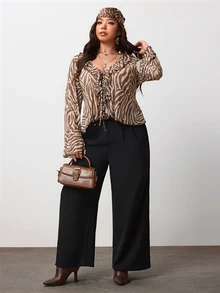 Enliva Plus Size Zebra Print Stretch Mesh Ruffle Front Top Compatible With Apple Body Round Body - Brown - View 3