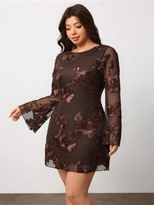 Enliva Plus Size Brown Floral Bodycon Mini Dress With Open Back For Hourglass Body - Brown - View 4