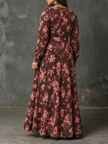 Linhara CURVE Plus Size Women's V-Neck Floral Print Casual Party Summer Dress - Multicolor - View 2