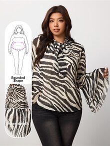 Enliva Plus Size Zebra Print Tie Neck Ruffle Sleeve Blouse Compatible With Apple Body - Black and White - View 1