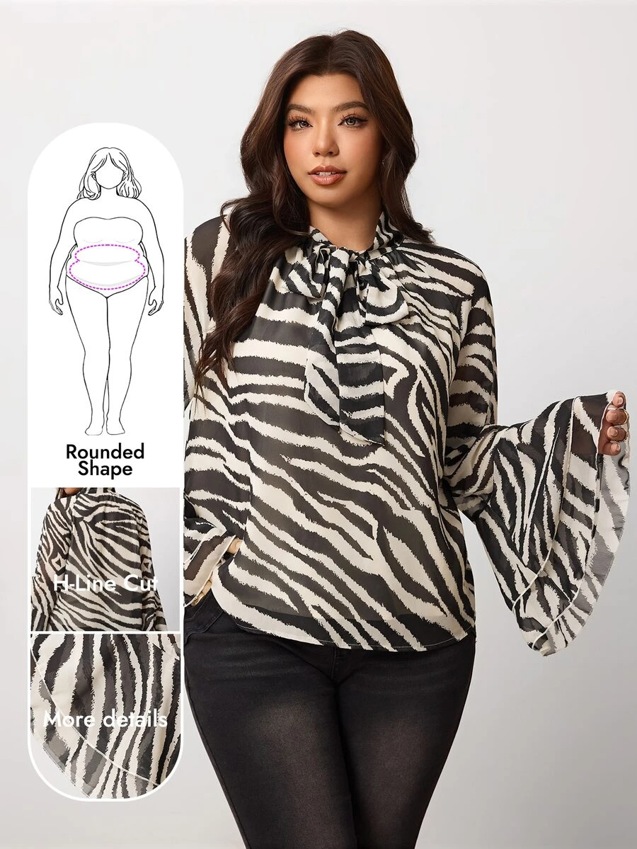 Enliva Plus Size Zebra Print Tie Neck Ruffle Sleeve Blouse Compatible With Apple Body - Black and White - View 1