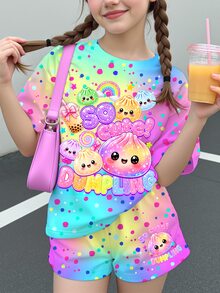 Tween女孩休閒簡約可愛趣味擠壓包包圖案、亮片、水鑽包包、紮染圓領短袖T恤，適合夏季，Kawaii風格、圖案上衣、外出上衣、可愛上衣、舒適好穿 - 彩色 - 查看 1
