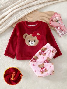 女童幼兒可愛卡通熊蝴蝶結風格軟厚法蘭絨圓領長袖熊圖案上衣搭配粉色滿版熊圖案長褲 2件套保暖家居服，適合秋冬戶外穿著 - 紅色 - 查看 5