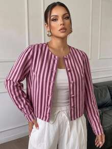 Livesso Áo khoác denim dáng lửng rộng, cổ tròn, tay dài, màu hồng kẻ sọc dọc, cài cúc - Màu Hồng  Dưa hấu - Xem 3