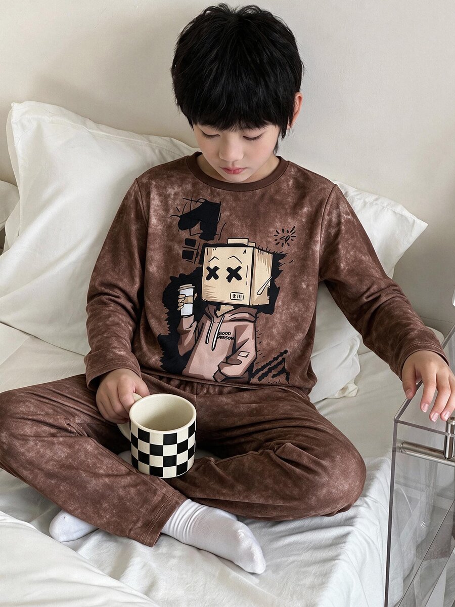 SHEIN Tween Boy Cartoon Print Long Sleeve Top And Pants Loungewear - Multicolor - View 1