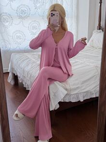 DAZY Women's Frill Trim Camisole And Solid Color Long Pants With Cardigan Pajama Set - Pink - View 1