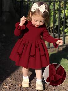 Emery Rose Kids Emery Rose Kids 女嬰可愛純色針織長袖洋裝，秋冬款 - 酒紅色 - 查看 1