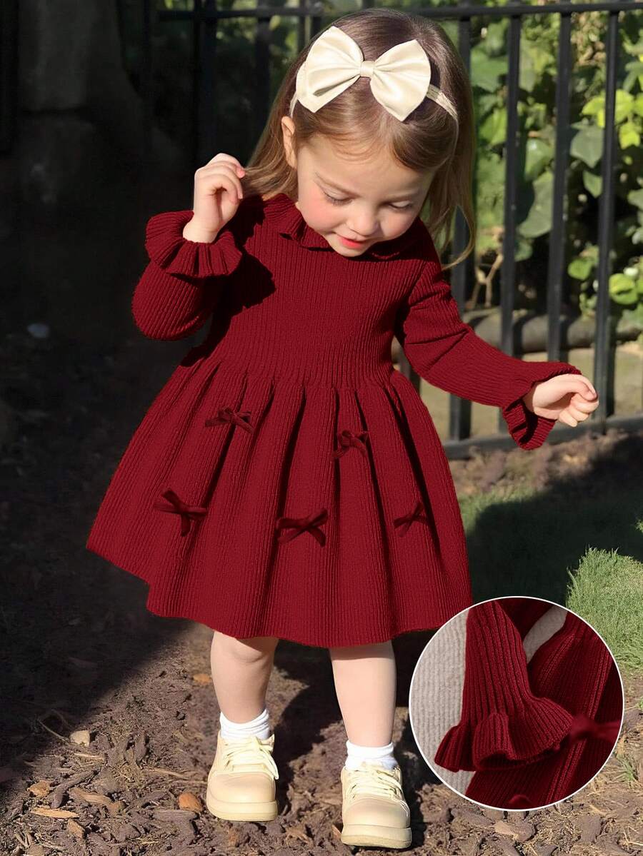 Emery Rose Kids Emery Rose Kids 女嬰可愛純色針織長袖洋裝,秋冬款 - 酒紅色 - 查看 1