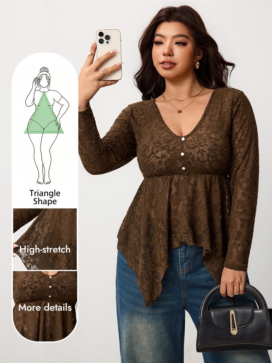 Enliva Plus-Size Women's Retro Lace Brown Top, For Autumn Pear Body,Triangle Body - Brown - View 1