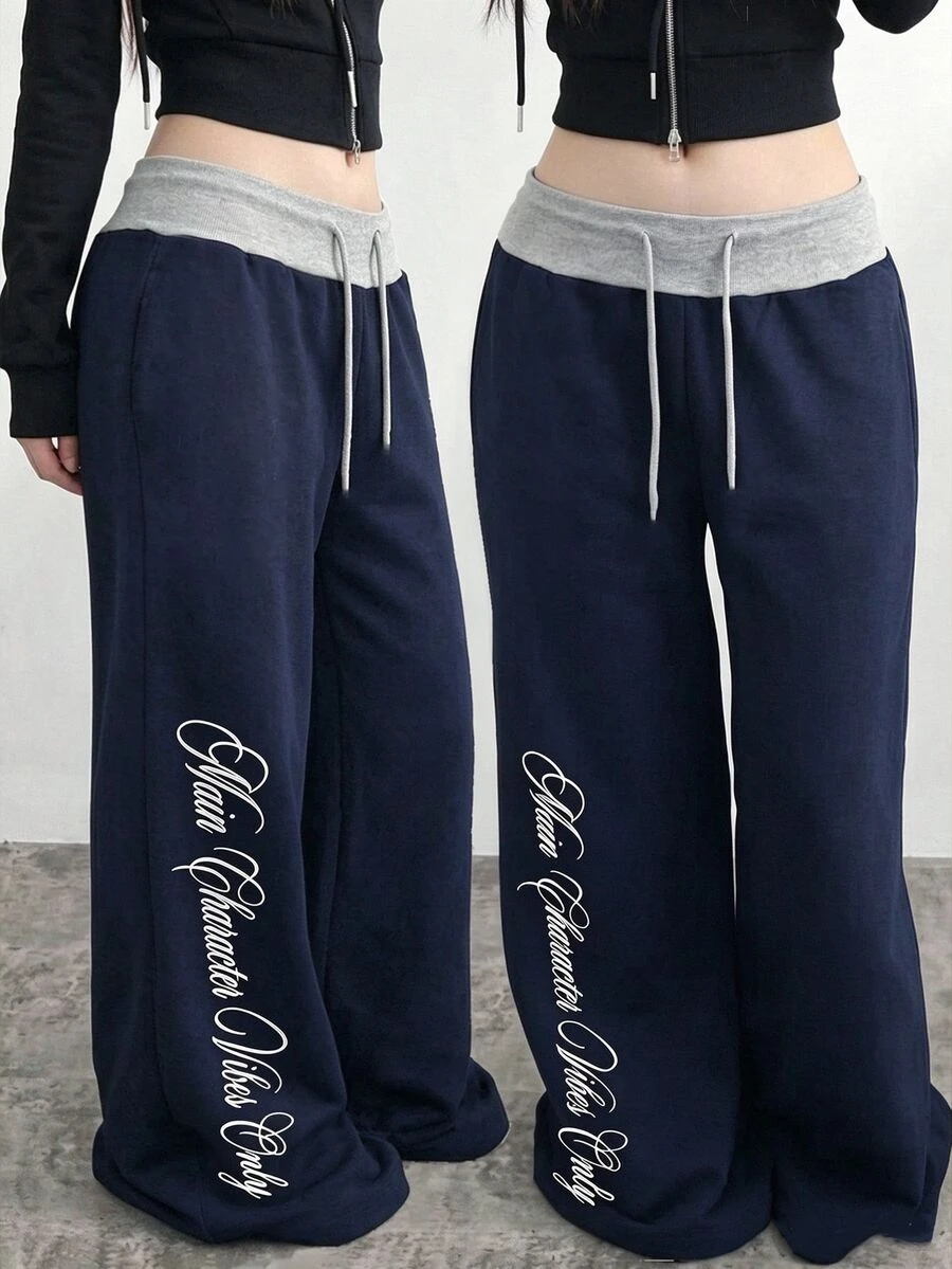 SHEIN Quần nỉ thể thao thường ngày cho bé gái tuổi teen, cạp chun rút, họa tiết chữ, phong cách casual - Màu xanh hải quân - Xem 1