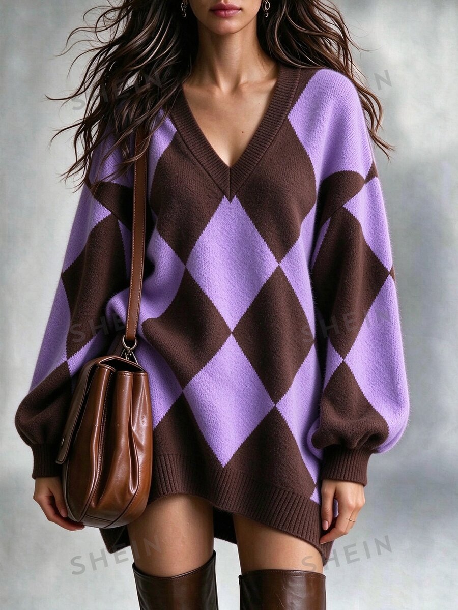 Linhara CURVE Plus Size Women's V-Neck Diamond Pattern Casual Everyday Knit Dress - Multicolor - View 1