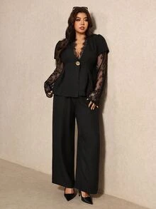 Elaquor Plus Size Women's Contrast Lace Long Sleeve Single Button Top And Wide Leg Pants Elegant 2 Pieces Set - Black - View 5