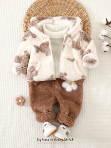 Cozy Pixies 女嬰花卉圖案保暖內裡加厚連帽長袖前開襟運動衫 針織純色柔軟彈性腰長褲 2件套可愛花卉拉鍊連帽外套休閒長褲套裝 - 卡其色 - 查看 3