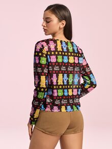SHEIN X Care Bears Women's All-Over Print Casual Versatile Daily Long Sleeve Top - Black - View 2