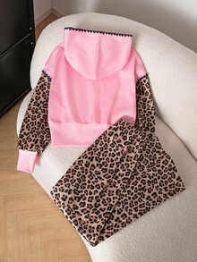 SHEIN 青少年女孩 2件組秋冬套裝 扇形邊飾刺繡粉色連帽上衣與豹紋寬腿運動長褲套裝 - 粉色 - 查看 2