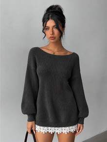 Dulcita Women's Charcoal Grey Slouchy Lace Patchwork Knit Dress - Dark Grey - View 1