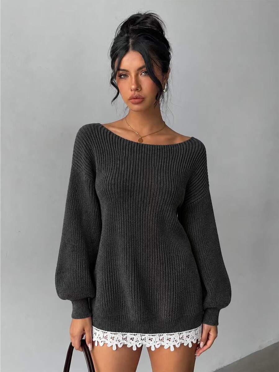 Dulcita Women's Charcoal Grey Slouchy Lace Patchwork Knit Dress - Dark Grey - View 1