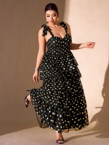 Cravure Plus Size Women's Gold Foil Polka Dot Shoulder Knot Elegant Ruffle Hem Dress - Black - View 1