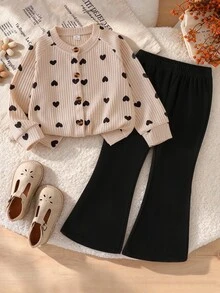SHEIN 2pcs Young Girl Cardigan Pants Set Cute Sweet Beige Black Heart Print Ribbed Long Sleeve Crew Neck Regular Party Fall Gilet Pullover Clothes Flared - Multicolor - View 1