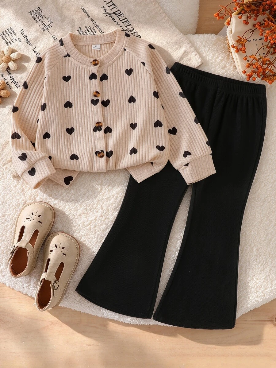 SHEIN 2pcs Young Girl Cardigan Pants Set Cute Sweet Beige Black Heart Print Ribbed Long Sleeve Crew Neck Regular Party Fall Gilet Pullover Clothes Flared - Multicolor - View 1