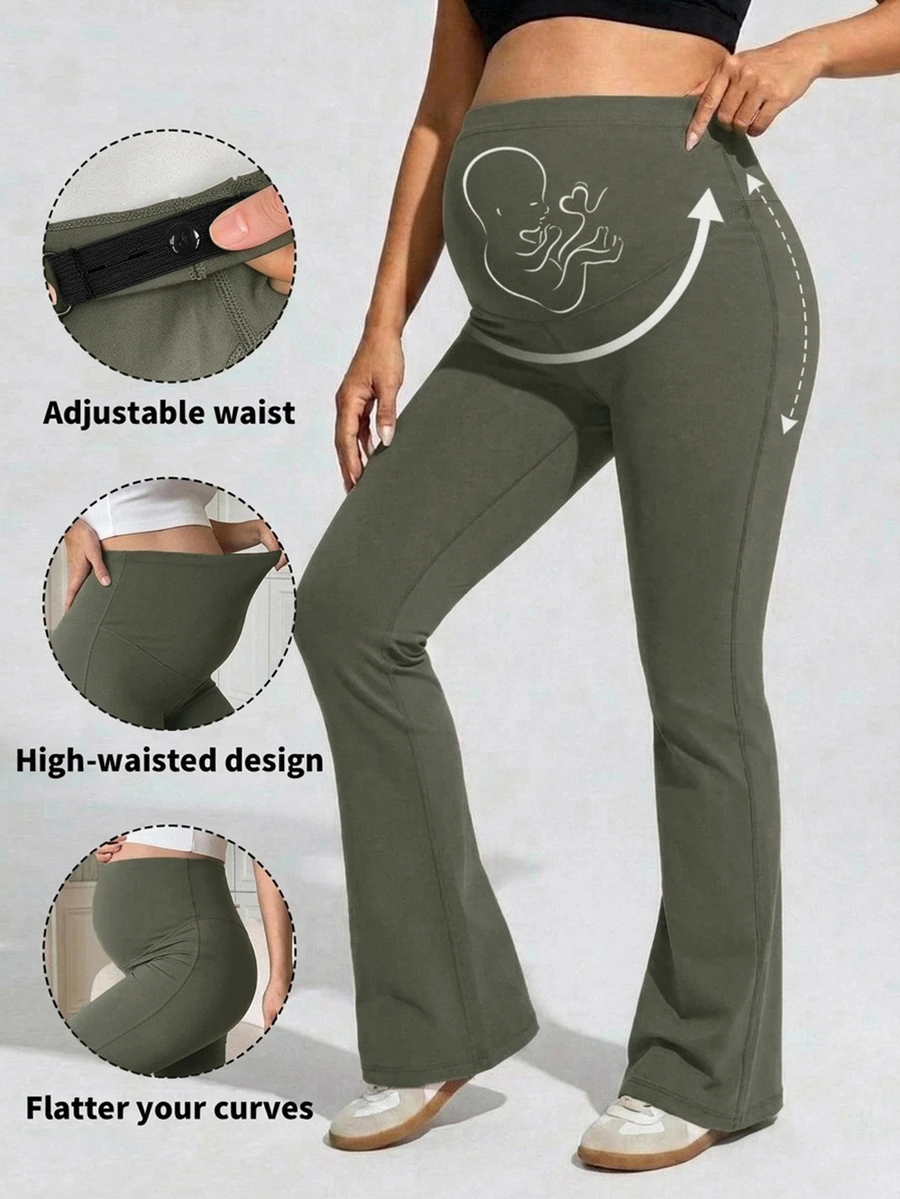 Dazy Maternity Elastic Fitted Solid Color Patchwork Adjustable Buckle Flare Leggings Elegant Casual Daily Wear Maternity Leggings Long All Season Fall - Olive Green - View 1