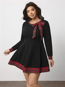 Enliva Plus-Size Women's Plaid Patchwork Tie-Waist Long-Sleeved Dress Apple,Rounded Body - Multicolor - View 5