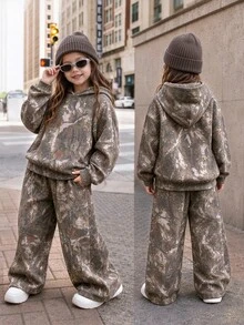 SHEIN 少女枝條印花落肩連帽衛衣與寬腿長褲套裝 - 彩色 - 查看 2