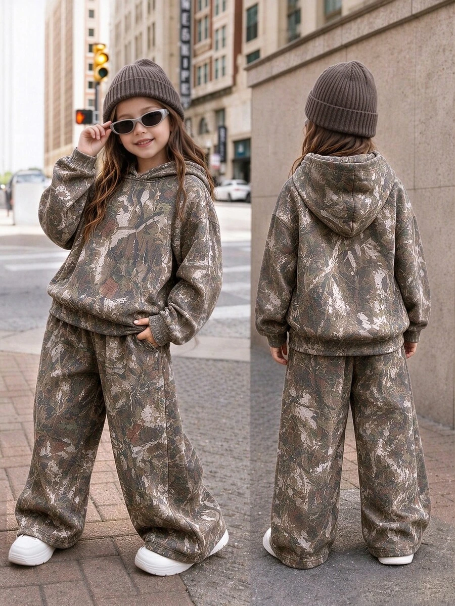 SHEIN Young Girl Branch Print Young Girl Drop Shoulder Hoodie & Wide Leg Pants - Multicolor - View 1
