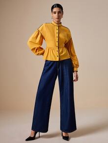 LOTSLUV Women's Autumn Elegant, Mustard Yellow Contrast Brown, Stand Collar Long Sleeve Ruffle Solid Color Blouse - Yellow - View 5