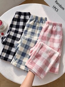 SHEIN Tween Girl 寬鬆休閒百搭抽繩口袋寬腿運動長褲 米色格紋紋理冬季長褲 - 彩色 - 查看 1