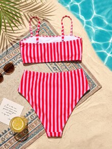 Swim Vcay Spring/Summer 2 Pieces Women's Beachwear Set, Fashionable Cute Sexy Vacation Seaside Swimming Pool Party Random Print Striped Multicolor Bandeau Top And Ruched Bikini Bottoms - Multicolor - View 2